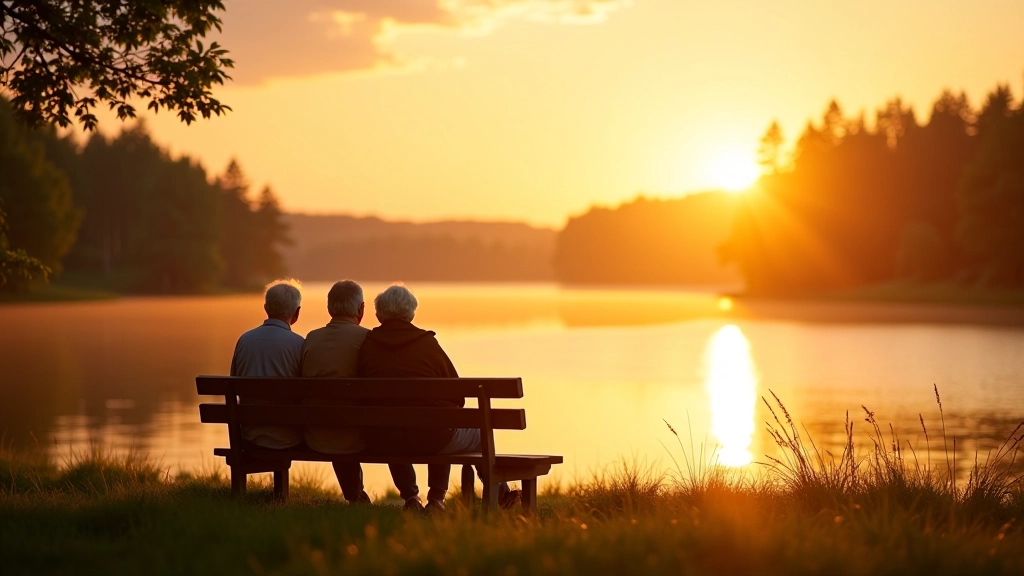 Seniori baudē miermīgu brīdi pie ezera, skaista ainava ar krastiem un saulrietiem